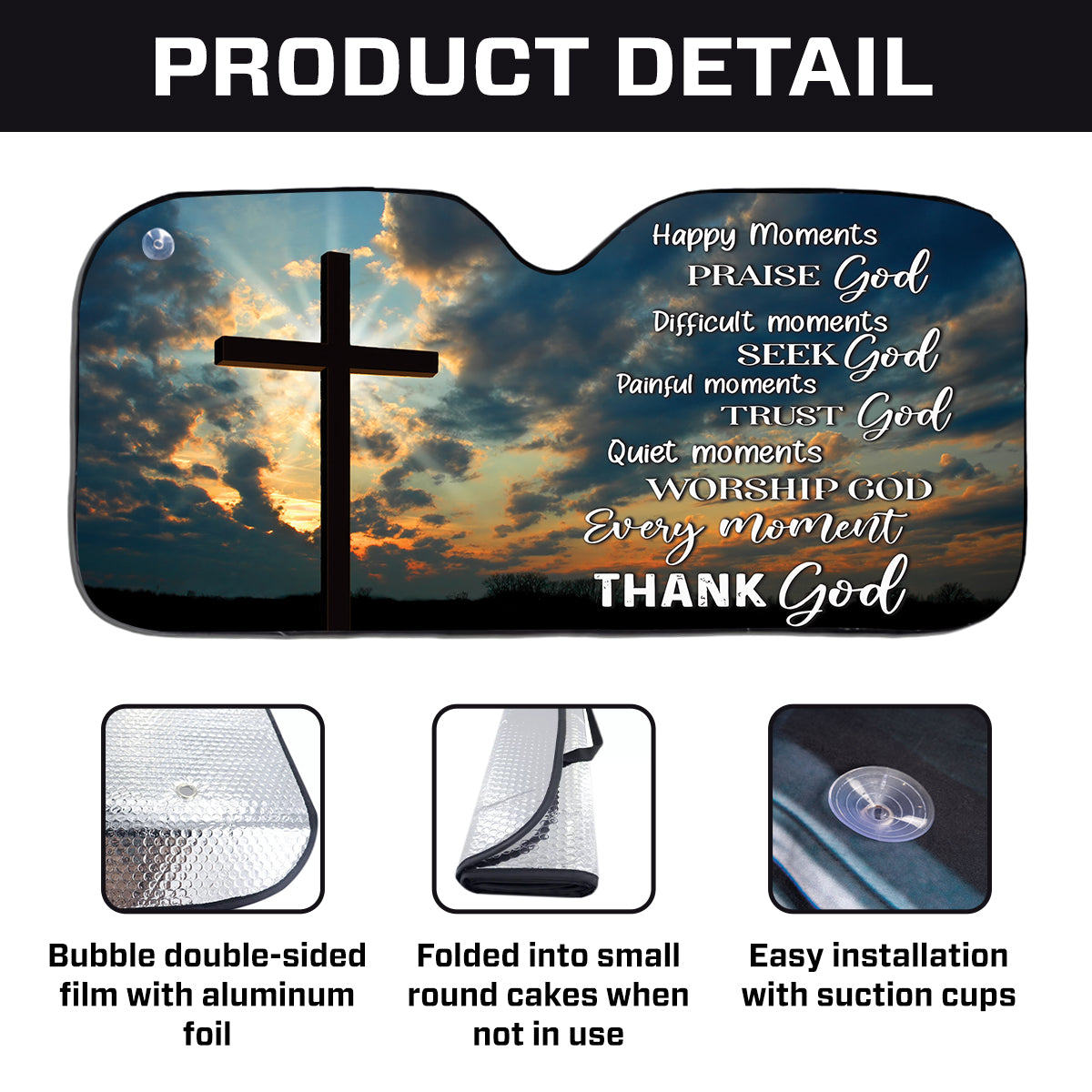 Teesdily | Cross Over Sunset Windshield Sun Shade, Every Moment Thank God Car Window Sunshade, Christian Car Accessories, God Believer Gifts