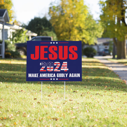 Teesdily | Jesus American Yard Sign, Jesus 2024 Make America Godly Again Lawn Sign, Patriotic Decor Outdoor Sign, Independence Yard Stake Sign Gifts