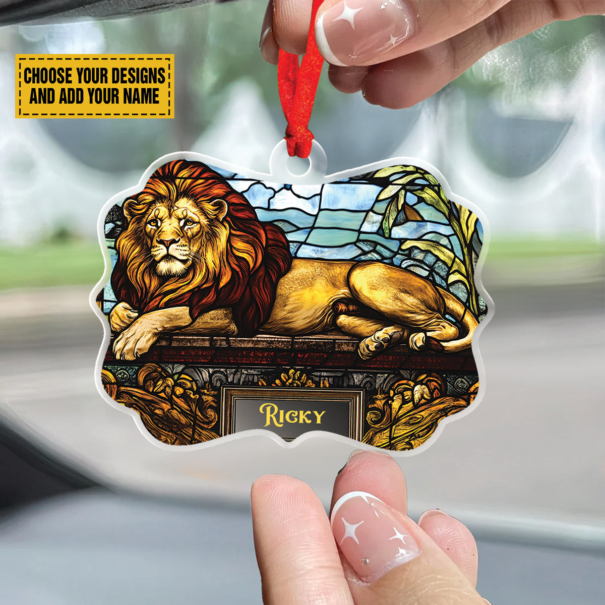 Teesdily | Personalized  Jesus Lion Of Judah Stained Glass Art Acrylic Ornament, Jesus Lion Car Hanging Ornament, Jesus Lovers Gift, Christmas Jesus Ornament