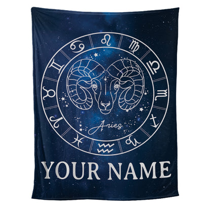 Teesdily | Aries Personalized Fleece Blanket With Name Horoscope Design Sherpa Blanket Zodiac Sign Constellation Astrology Adult Kid Birthday Gifts