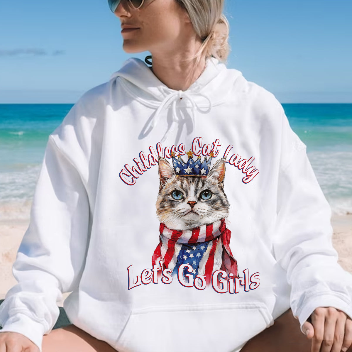 Teesdily | Childless Cat Lady Shirts, Queen Cat American Flag Sweatshirt, Comma La Hoodie, Ka-meow-la T-shirt, Let's Go Girls Cat Mom