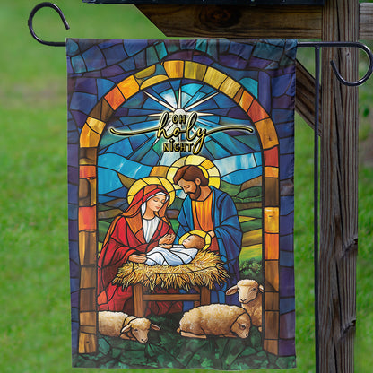 Teesdily | Christmas Jesus Nativity O Holy Night Garden Flag, Christian Christmas Scene Stained Glass Print House Flag Decor Yard