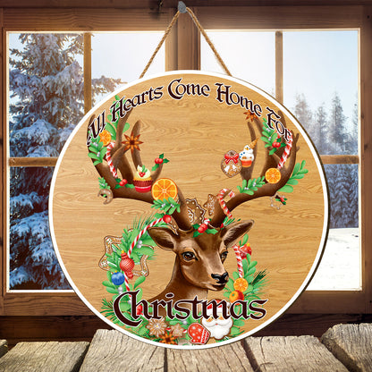 Teesdily | All Hearts Come Home For Christmas Round Wood Sign Reindeer Mistletoe Front Door Sign Merry Christmas Gift Ideas Dorm Welcome Sign