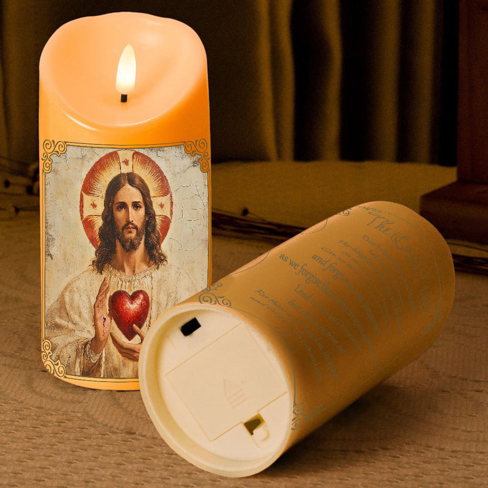 Teesdily | The Lord's Prayer LED Candle, Jesus Christ Scared Heart LED Candle Without Battery, Religious Christmas Home Decor