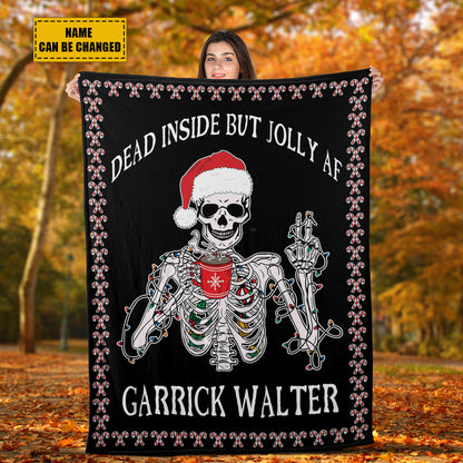 Teesdily | Personalized Christmas Skeleton Funny Blanket Dead Inside But Jolly Af Xmas Theme Bed Sofa Blanket Gothic Style Christmas Gifts