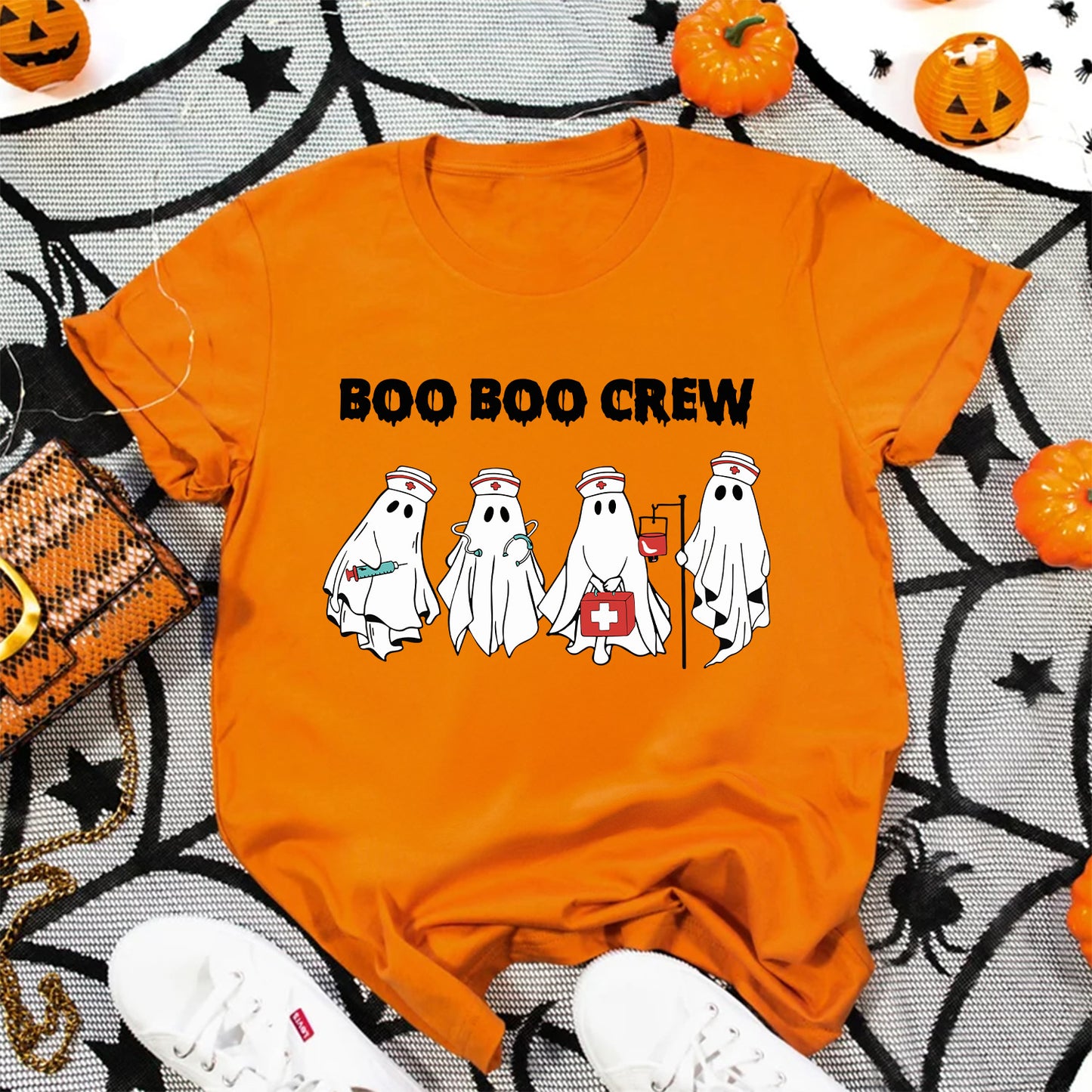 Teesdily | Funny Halloween Nurse T-shirt, Boo Boo Crew Cute Ghost Tee Sweatshirt Hoodie Mug, Halloween Nursing Gift, Cute Nurse Spooky Season Gifts