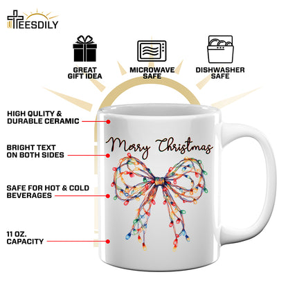 Teesdily | Merry Christmas Bow Light Shirt, Christmas Coquette Bow Sweatshirt, Merry And Bright Lights Bow Hoodie Mug For Women