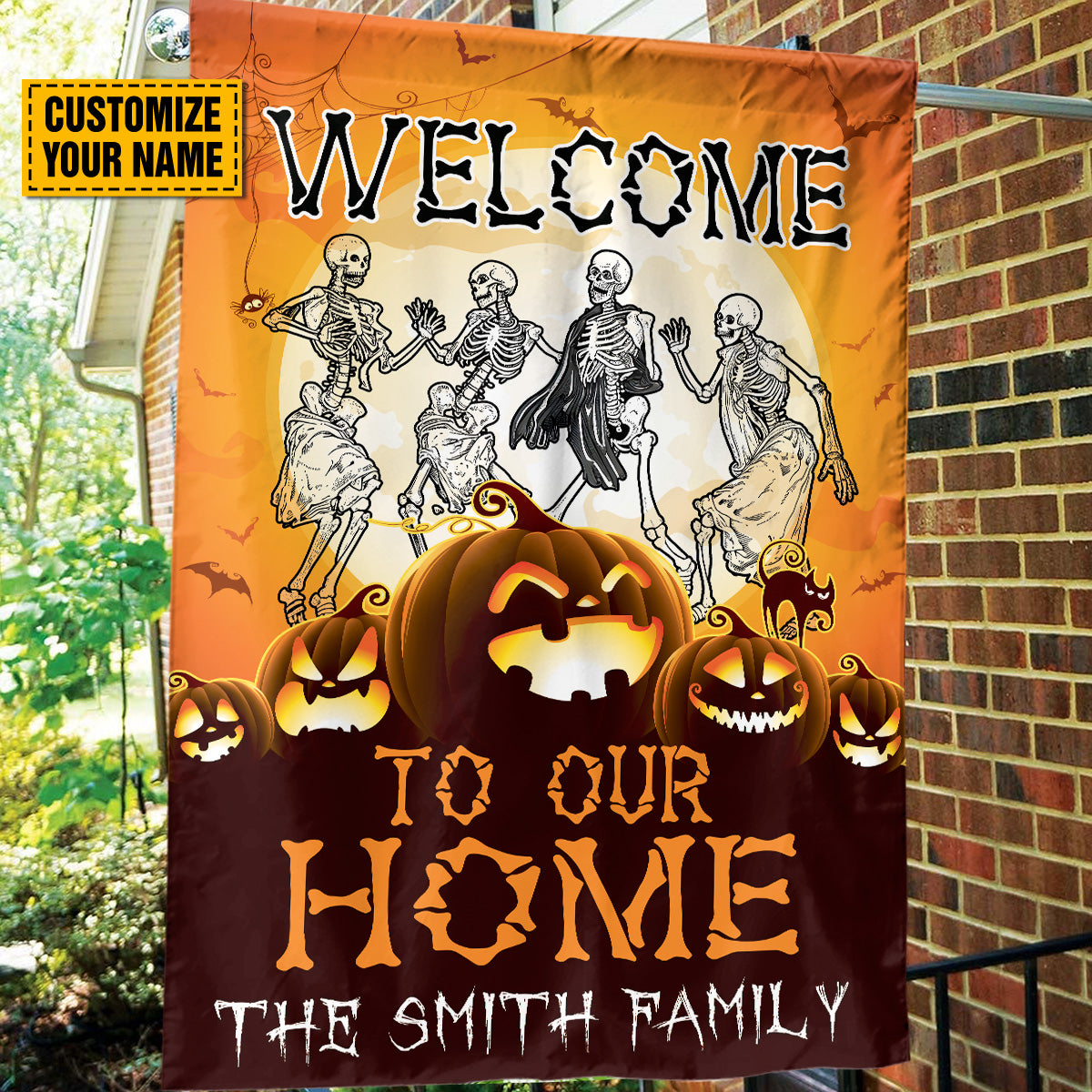 Teesdily | Personalized Welcome To Our Home Flag, Skeleton Dancing Pumpkin Halloween Garden Flag, Halloween Party House Flag, Yard Banner Decor