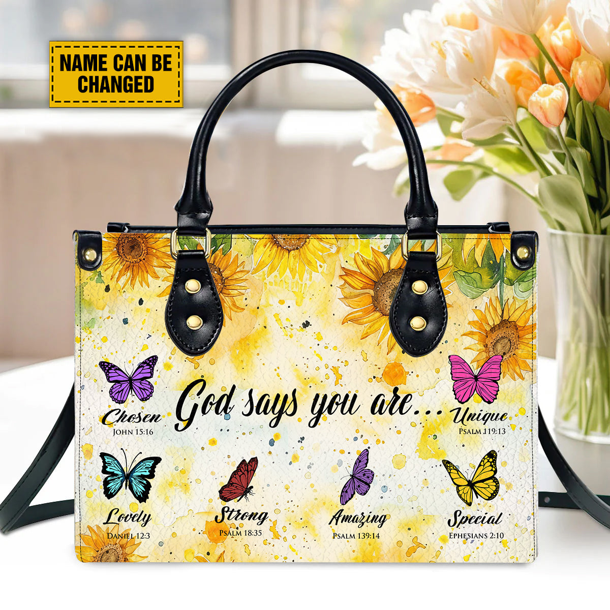 Teesdily | Customized God Says You Are Leather Bag, Jesus Sunflower Butterflies Handbag For Women, Bible Verse Religious Bag, Gift For Jesus Lovers