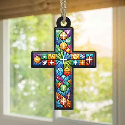 Teesdily | Customized Suncatcher Style, Jesus Cross Suncatcher Christmas Ornament, Xmas Home Decoration, Jesus Lovers Gift, God Faith Believers Gifts