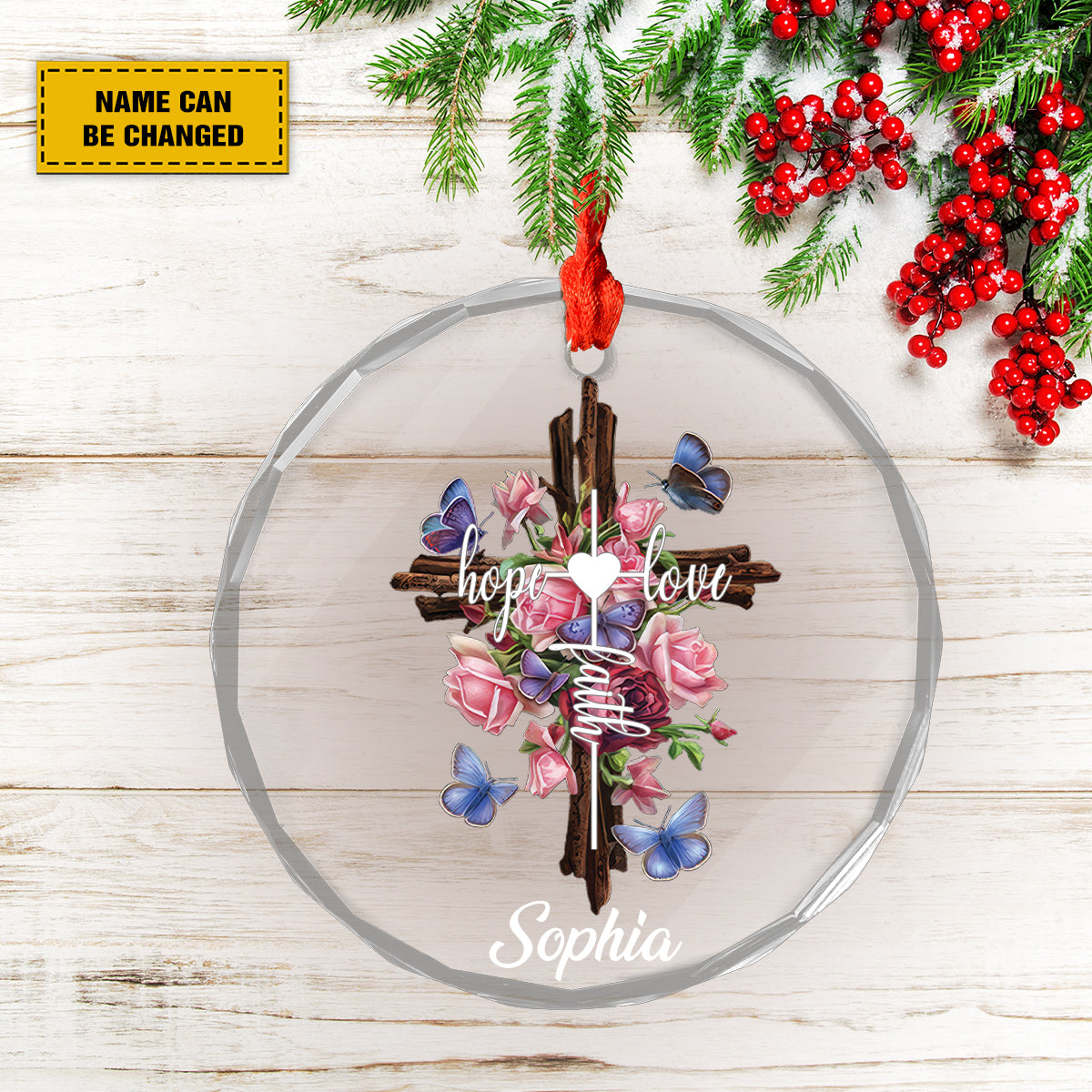 Teesdily | Personalized Jesus Cross Rose Butterfly Ornament, Christian Art Faith Hope Love Ornament Christmas, Xmas Glass Ornament, Jesus Lover Gift