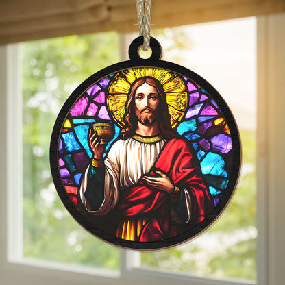 Teesdily | Jesus Holy Communion Scene Suncatcher, Jesus Christ Cup Stained Glass Suncatcher, Christmas Ornament Hanging, Xmas Decoration Gift