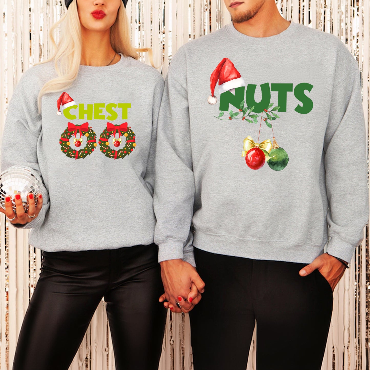 Teesdily | Chest Nuts Matching Christmas Shirt, Funny Couple Shirts, Christmas Couple Sweatshirt, Holiday Matching Family Gift