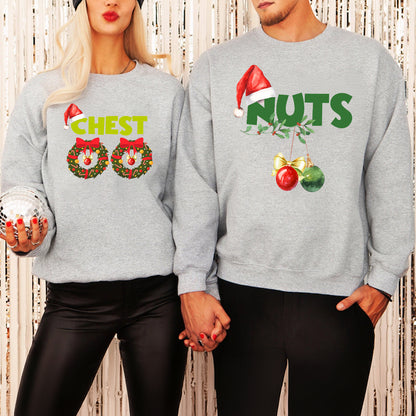 Teesdily | Chest Nuts Matching Christmas Shirt, Funny Couple Shirts, Christmas Couple Sweatshirt, Holiday Matching Family Gift