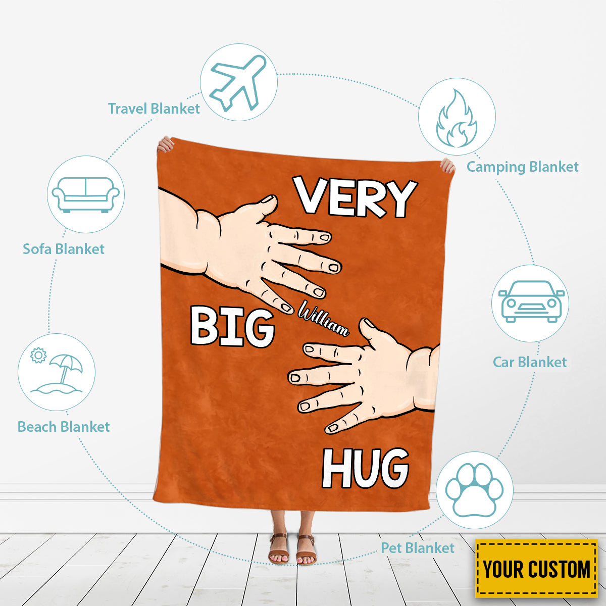 Teesdily | Sending Big Hug Personalized Fleece Blanket Very Big Hug Baby Hand Warm Blanket Cute Heartwarming Gift For Mom Dad From Baby Kid