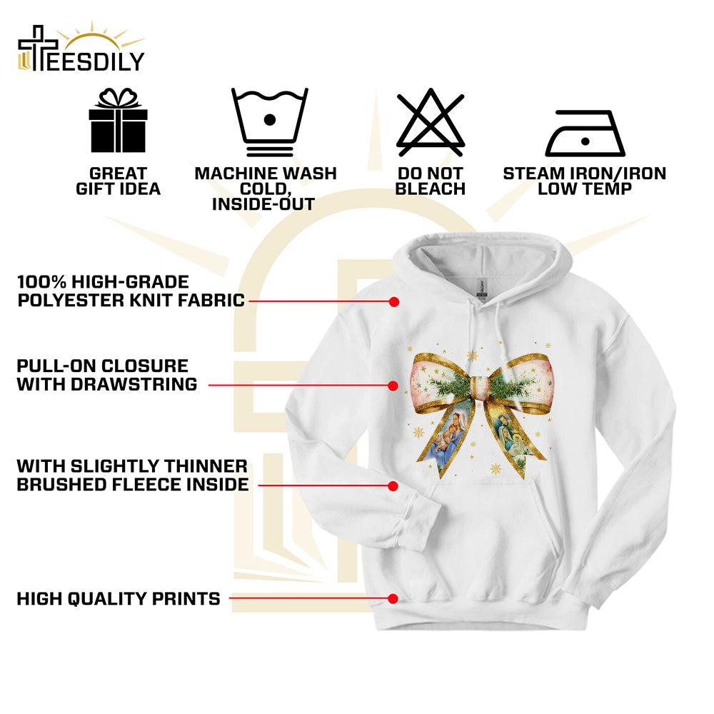 Teesdily | Jesus Christmas Coquette Bow Shirt, Christian Christmas Nativity Scene Sweatshirt, Bow Glitter Holy Family Hoodie Mug