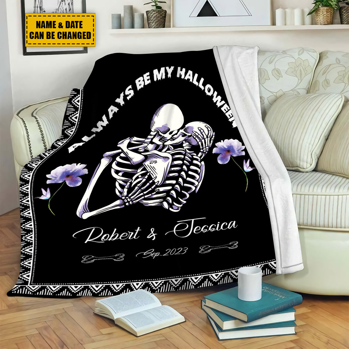 Teesdily | Skeleton Couple Custom Name Blanket Skeleton Halloween Throw Blankets Gothic Spooky Blanket Halloween Valentines Day Christmas Decor