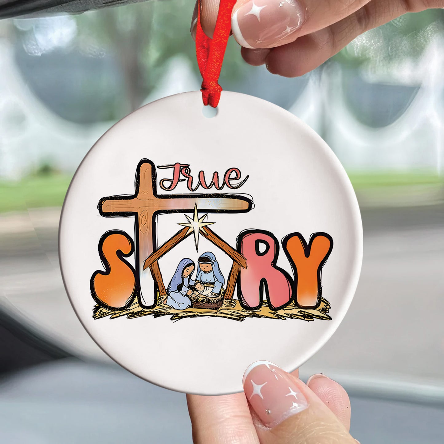 Teesdily | Jesus Nativity Ceramic Ornament, True Story Acrylic Ornament, Christmas Jesus Gifts, God Faith Lover Gifts, Christmas Decor, Xmas Gifts