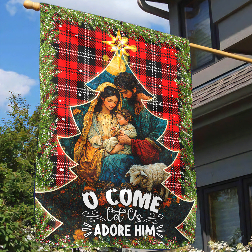 Teesdily | Holy Family Nativity Jesus Christmas Flag, O Come Let Us Adore Him Holy Night Garden Flag House Christmas Gift