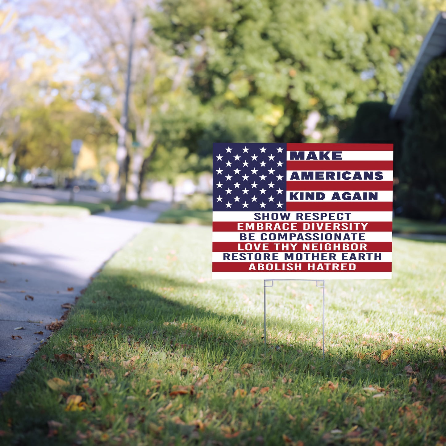 Teesdily | Make Americans Kind Again Yard Sign, American Flag Patriot Lawn Garden Sign, Show Respect Us Metal Outdoor Sign, Christian Home Decor Gift