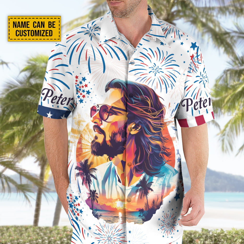 Teesdily | Customized Jesus Graphic Portrait Hawaii Shirt, Independence Day Hawaii Set, 4Th Of July Theme 3D Hawaiian Clothing, Indepedence Day Gifts