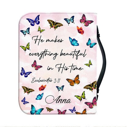 Teesdily | God Bible Verse Butterfly Leather Bible Cover He Makes Everything Beautiful In His Time Bible Book Cover Christian Gifts For Women Faith