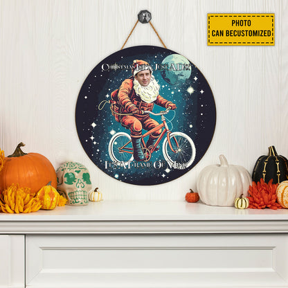 Teesdily | Customized Photo Santa Claus Cycling Wood Sign Christmas Isn'T Just A Day It's A Frame Of Mind Front Door Sign Funny Custom Xmas Decor