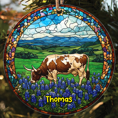 Teesdily | Customized Texas Longhorn Ornament Christmas, Farm Longhorn Stained Glass Print Ornament, Decor Christmas Gift