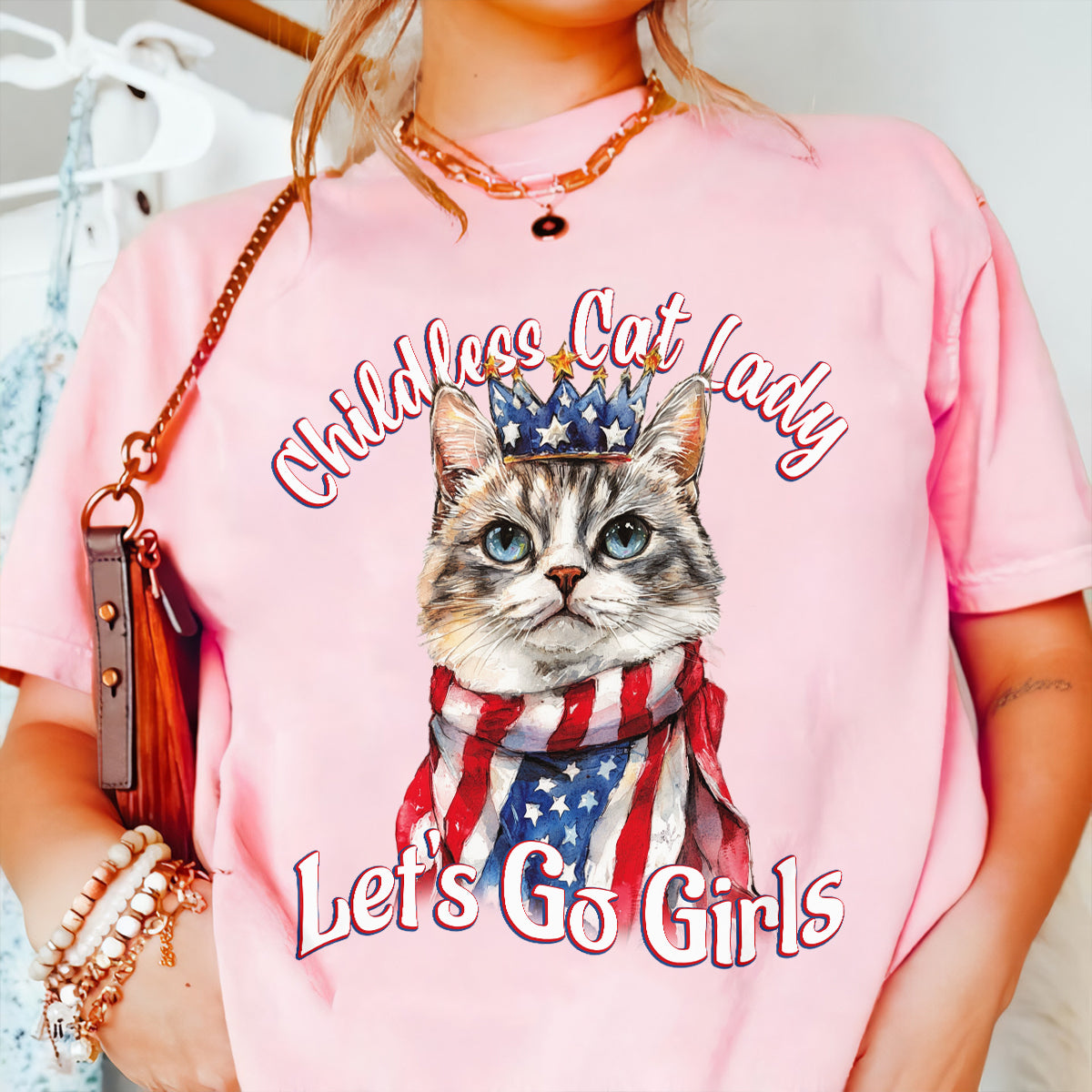 Teesdily | Childless Cat Lady Shirts, Queen Cat American Flag Sweatshirt, Comma La Hoodie, Ka-meow-la T-shirt, Let's Go Girls Cat Mom