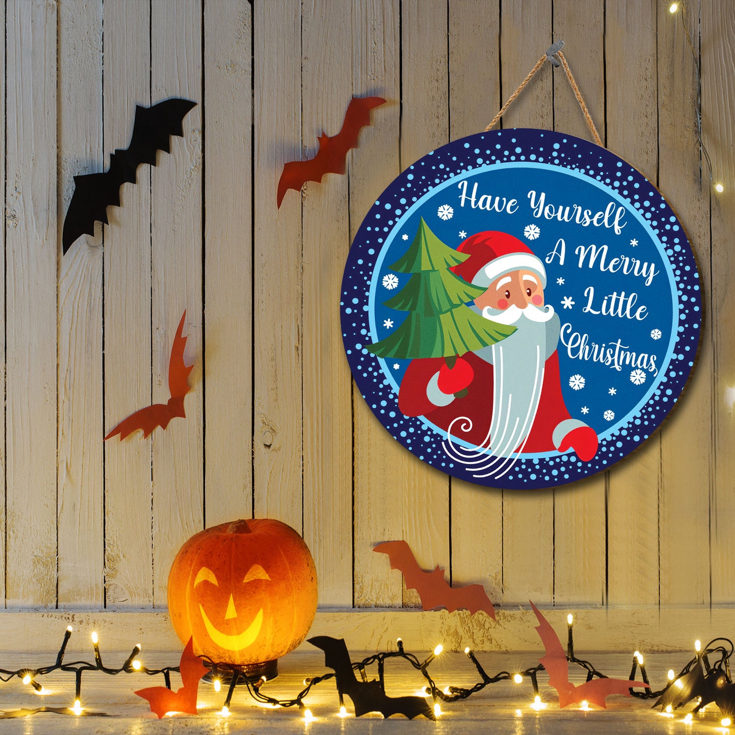 Teesdily | Santa Claus Christmas Round Wood Sign Have Yourself A Merry Little Christmas Quote Wood Sign Christmas Home Decoration Front Door Sign