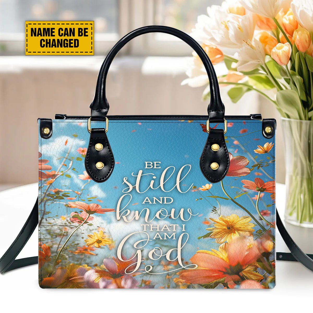 Teesdily | Customized Be Still And Know That I Am God Leather Bag, Jesus Butterfly Flower Handbag For Women, Christian Faith Religious Gift Christmas