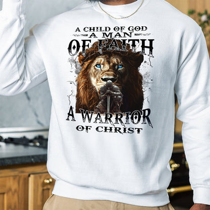 Teesdily | Jesus Warrior Knight Lion Shirt, A Warrior Of Christ Sweatshirt, A Child Of God Hoodie Mug, Man Of Faith Religious Tee