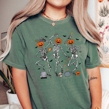 Teesdily | Dancing Skeleton Pumpkin Shirt, Retro Halloween Spooky Season Sweatshirt Hoodie Mug, Halloween Pumpkin Face T-shirt, Halloween Shirt Gift