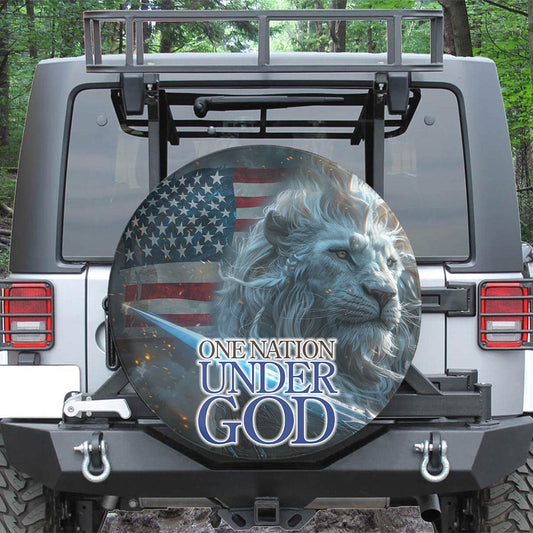 Teesdily | Jesus Lion Usa Flag Spare Tire Cover, One Nation Under God Wheel Cover, Independence Day Car Decor, 4Th Of July Spare Tire Cover 27"-34"