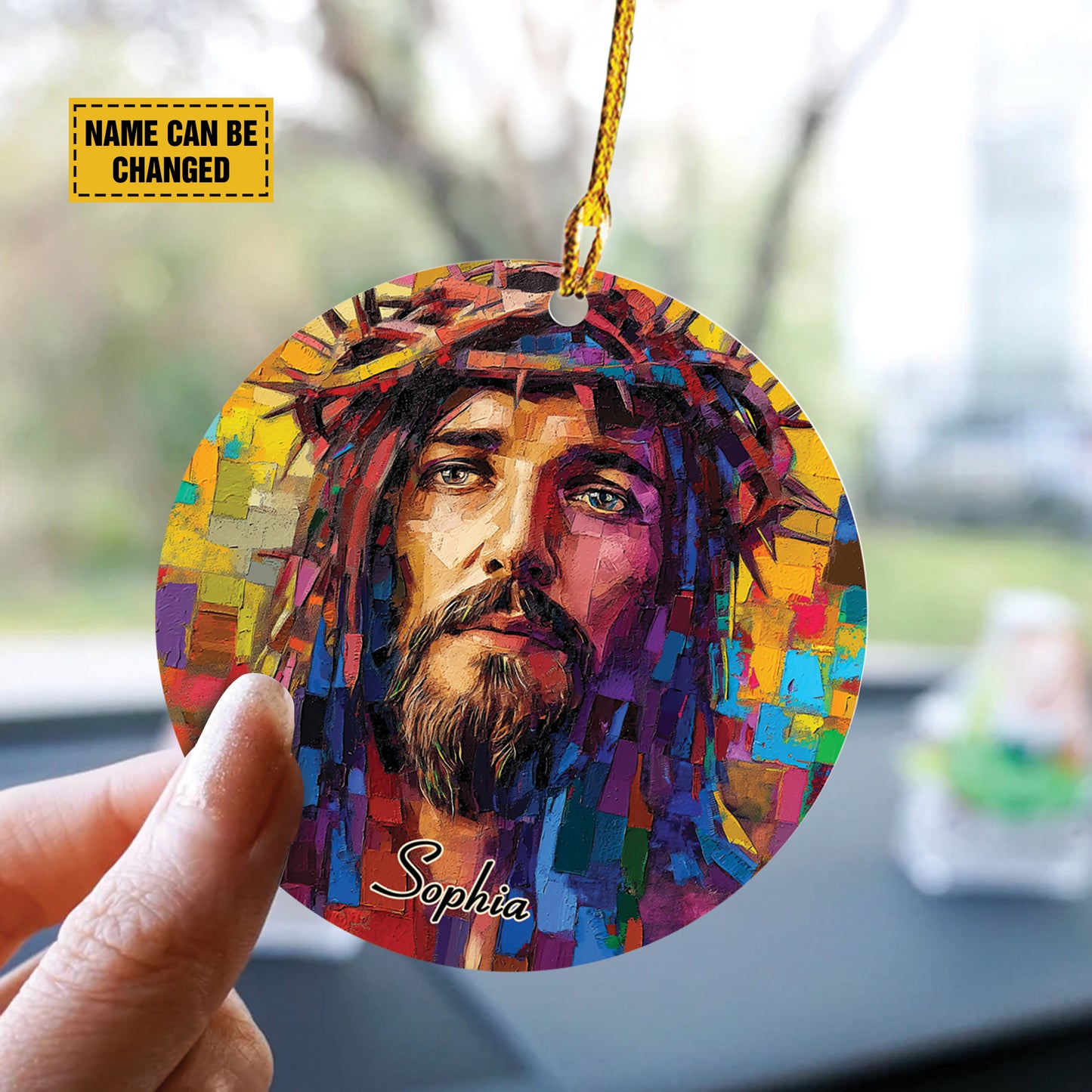 Teesdily | Custom Jesus Portrait Ornament, Christ Painting Hanger Car Rear View Mirror Ornament, Church Religious Acrylic Ornament, Jesus Lover Gift