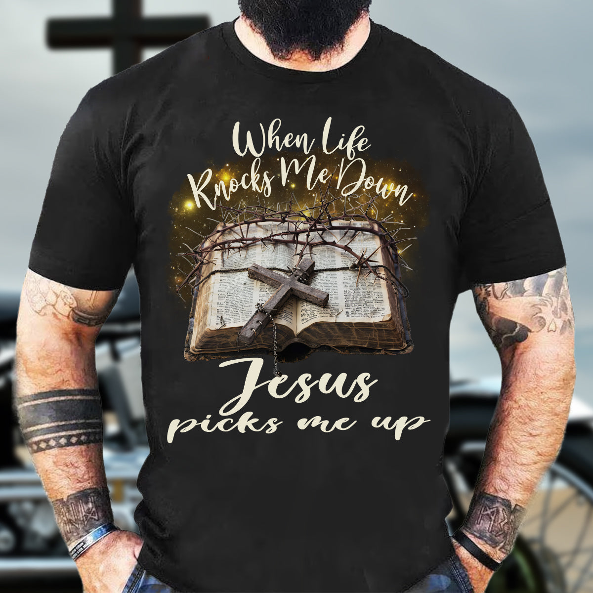 Teesdily | Jesus Cross Bible Book Shirt, When Life Knocks Me Down Jesus Picks Me Up, God Gift, Unisex Tshirt Hoodie Sweatshirt Mug