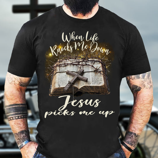 Teesdily | Jesus Cross Bible Book Shirt, When Life Knocks Me Down Jesus Picks Me Up, God Gift, Unisex Tshirt Hoodie Sweatshirt Mug