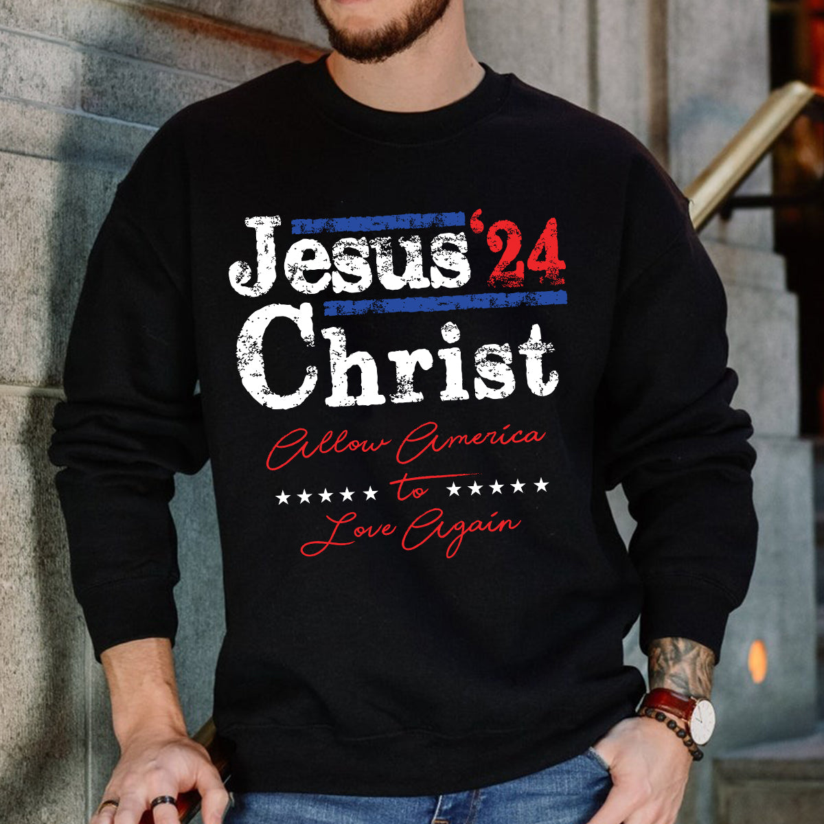 Teesdily | Jesus Christ Allow America To Love Again Jesus Shirt, Patriotism Men's Shirt, Independence American Sweatshirt Hoodie Mug, Christian Gifts