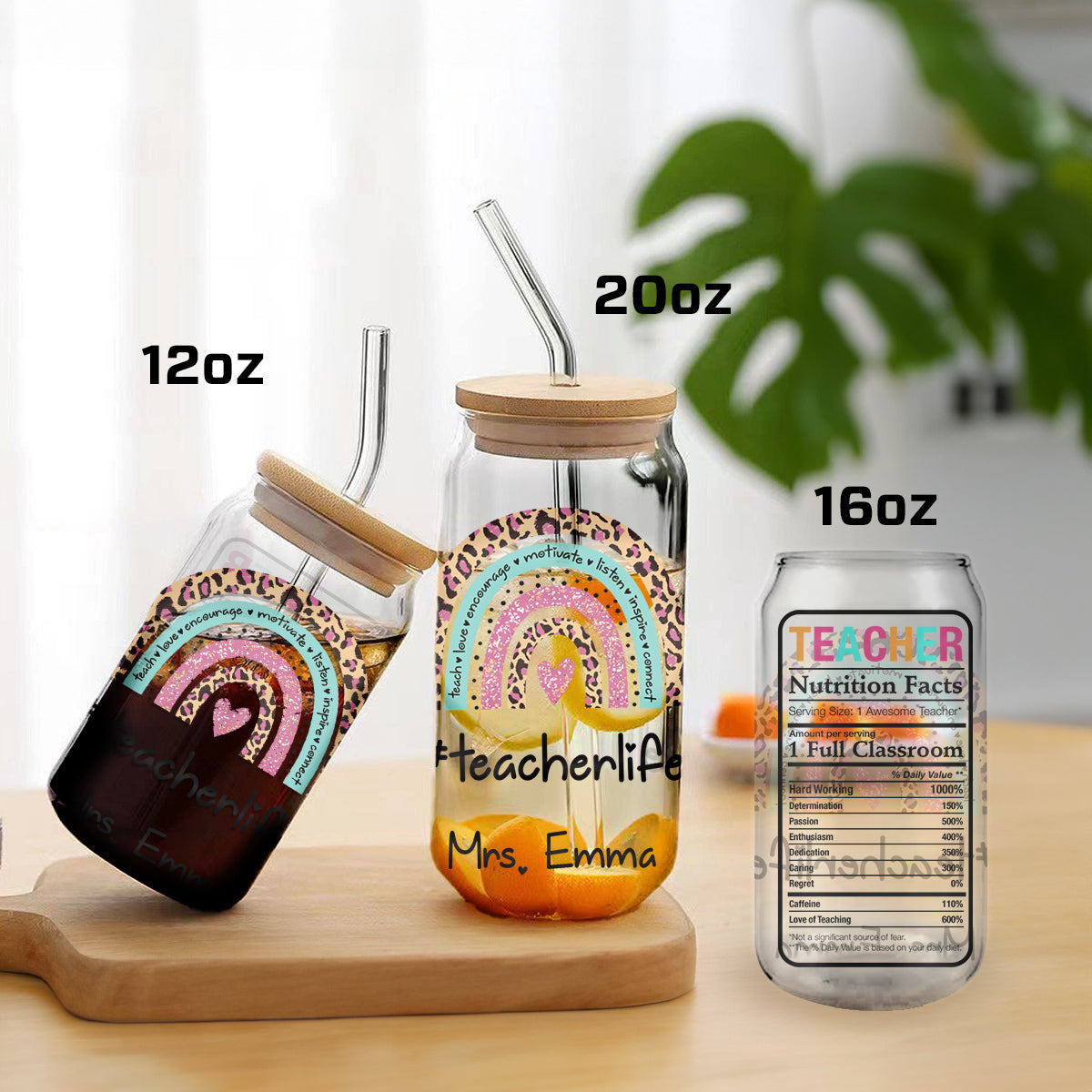 Teesdily | Teacher Life Rainbow Personalized Glass Can, Teacher Nutrition Facts Frosted Glass Can, Teacher Appreciation Glass Can With Straw Gifts