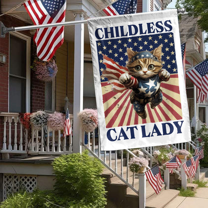 Teesdily | Childless Cat Lady Garden Flag, Hero Cat House Flag, American Flag Yard Banner, Cat Ladies For Comma La Flag Decor Home