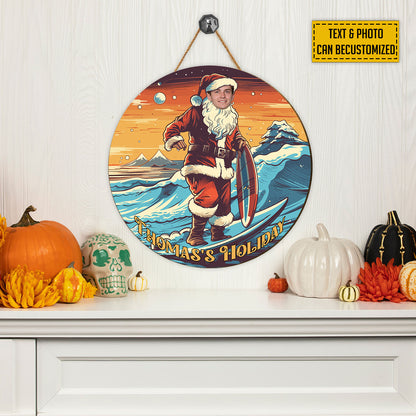 Teesdily | Customized Photo Santa Claus Summer Surfing Christmas Wood Sign For Surfing's Lover Home Decor Christmas Gift