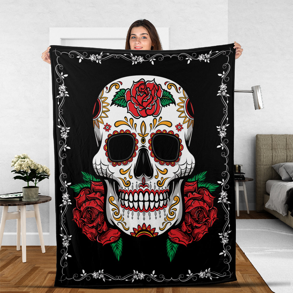 Teesdily | Sugar Skull Rose Blanket Soft Throw Skull Fleece Throw Blanket For Kids Teens Couple Skeleton Bed Blanket Halloween Day Of The Dead Gifts