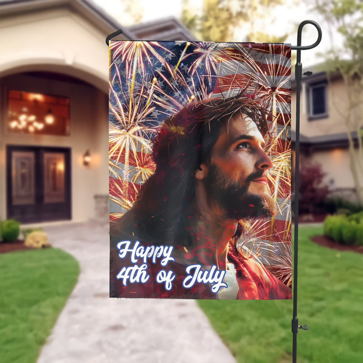 Teesdily | Jesus American Flag Home, Happy 4th Of July House Garden Flag, Independence Day Gifts, God Believer Christian Outdoor Decoration