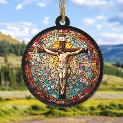 Teesdily | Jesus Crucifixion Suncatcher, Jesus Christ Cross Stain Glass Suncatcher, Faith Religious Suncatcher Christmas Decor, Jesus Lover Gift