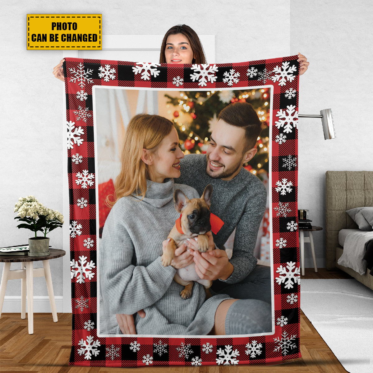 Teesdily | Christmas Customize Blankets With Photos, Xmas Snowflake Plaid Custom Blanket With Picture, Christmas Keepsake Photo Blanket Gifts