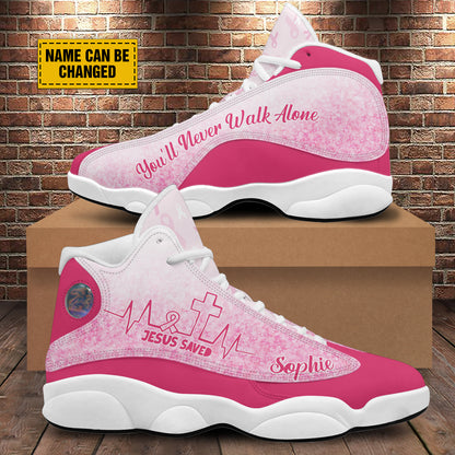 Teesdily | Breast Cancer Warrior Personalized Basketball Shoes Jesus Saved Heartbeat Running Shoes You'll Never Walk Alone Breast Cancer Support Gift