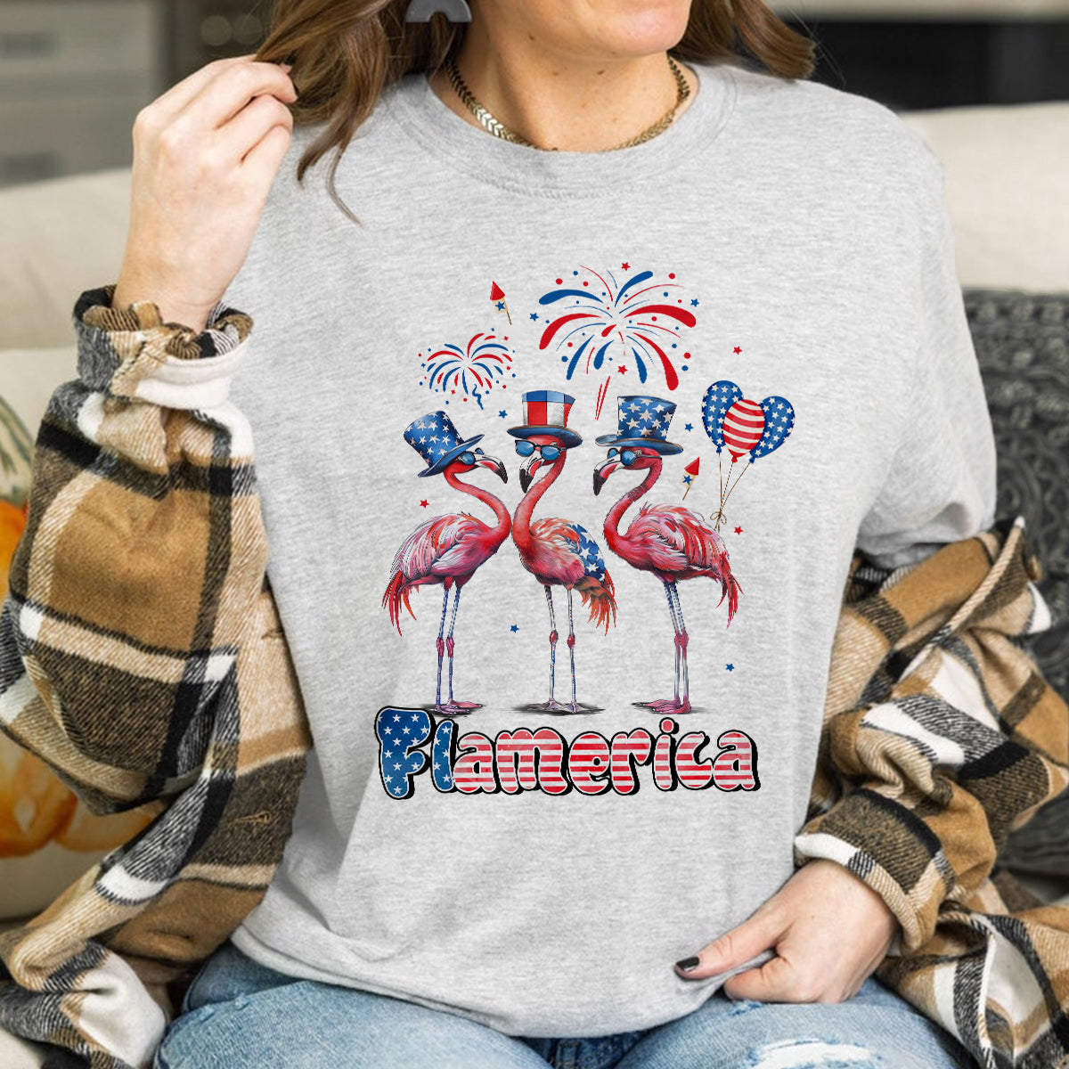 Teesdily | Flamingo American Flag Shirt, Flamerica 4th Of July Shirt, Flamingo Patriotic Tee, Flamerica Sweatshirt Hoodie Mug, Independence Day Gifts