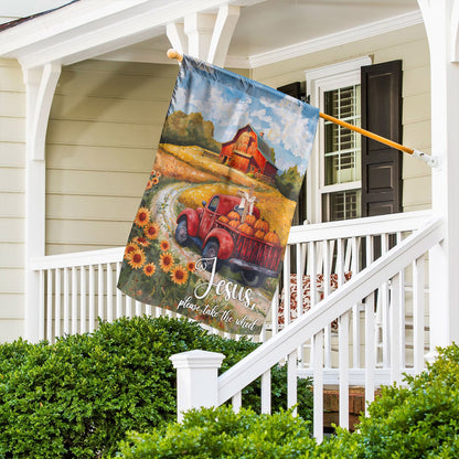 Teesdily | Jesus Take The Wheel House Flag, Jesus Christ Thanksgiving Garden Flag, Pumpkin Sunflower Autumn Flag, Farmhouse Seasonal Outdoor Decor