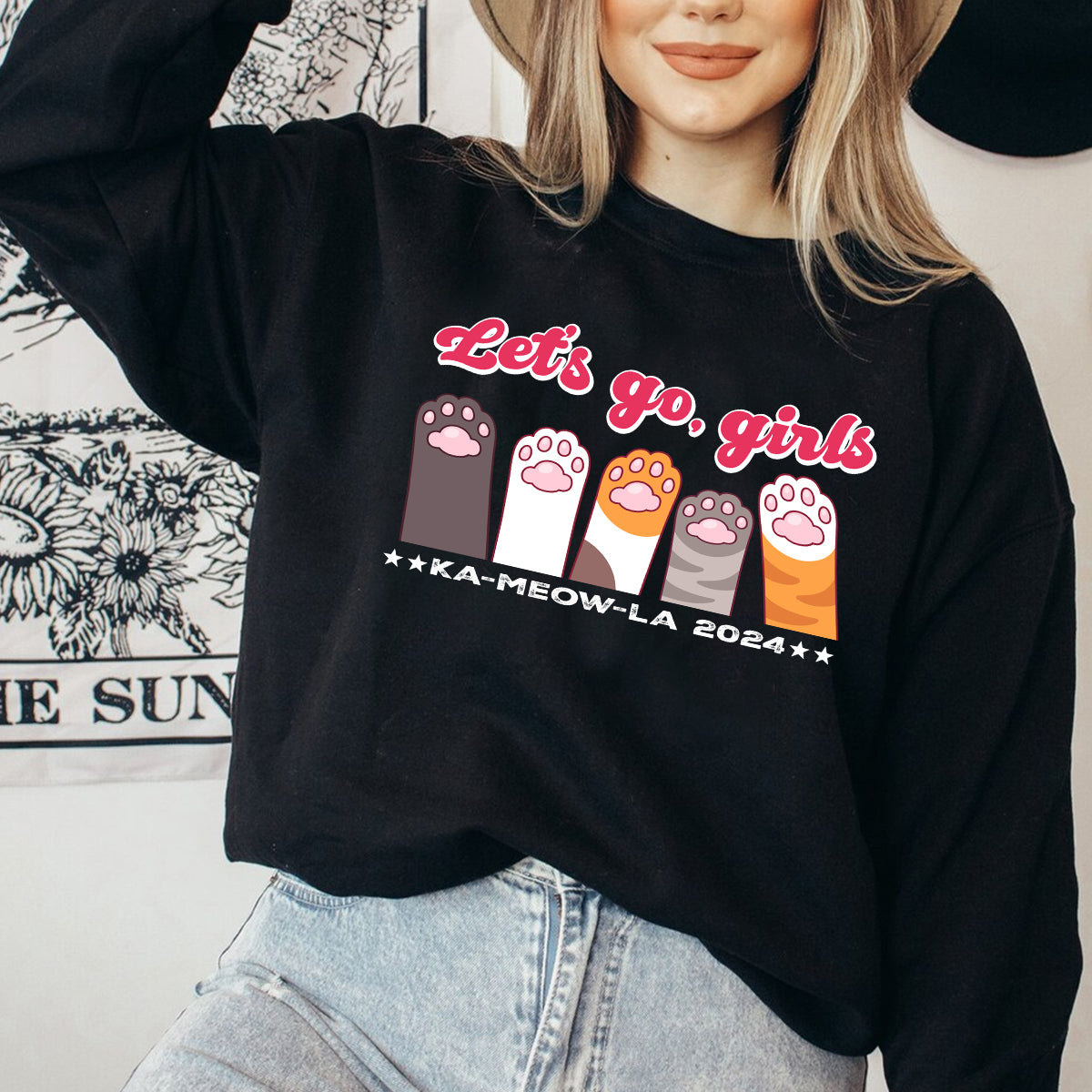 Teesdily | Let's Go Girls Childless Cat Lady Shirt, Ka-meow-la 2024 T-shirt, Cute Cat Lady Sweatshirt Hoodie Mug, Comma La T-shirt