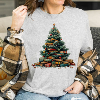 Teesdily | Book Christmas Tree Shirt, Christmas Bookworm Shirt, Reading Sweatshirt Hoodie Mug, Book Lover Gift, Librarian Shirt, Christmas Gift